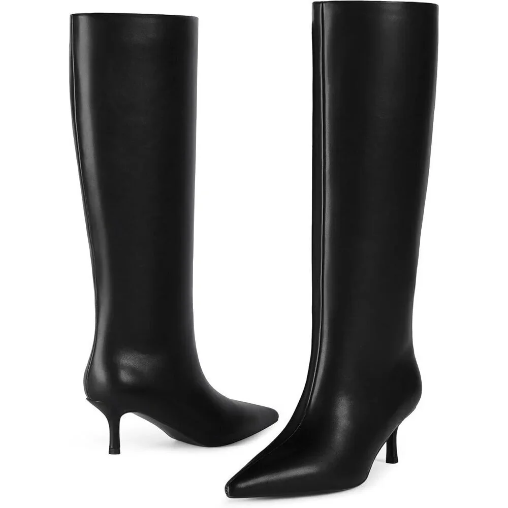 Women Black Knee High Boots Kitten Heels Tall Pointed Toe Long Boots